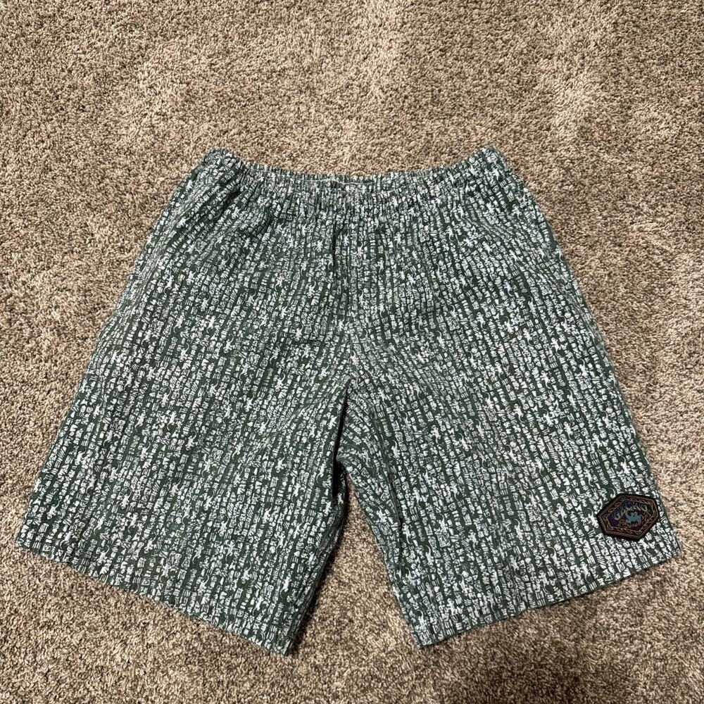 Vtg 80s 90s GECKO Hawaii Abstract All Over Print Surf Shorts Men’s L Green